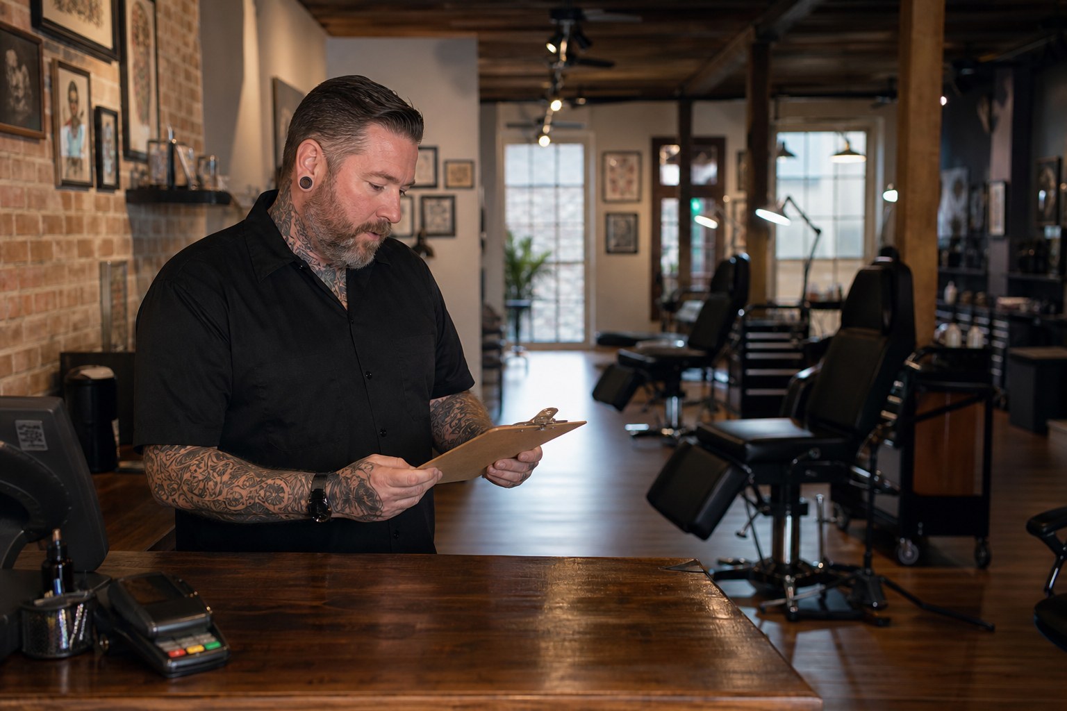 Tattoo shop owner reviewing booth rent and commission numbers at the front counter of the studio