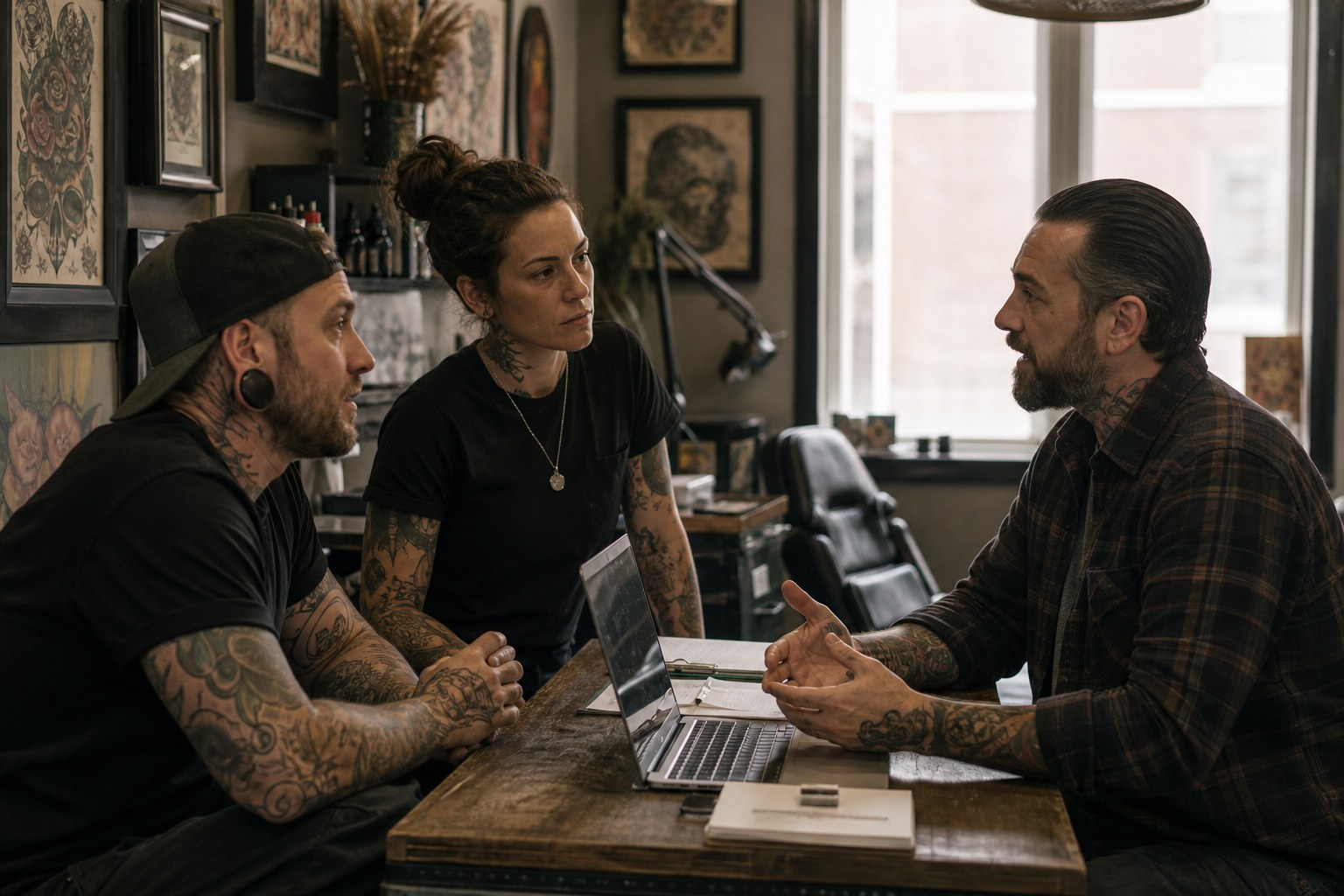 Tattoo shop owner discussing booth rent and commission split terms with two artists at a counter