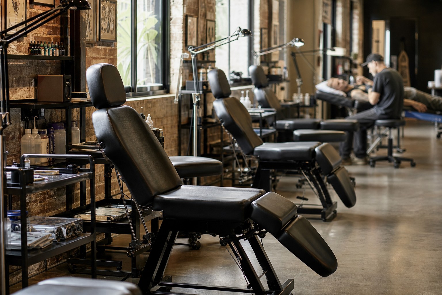 Row of empty tattoo chairs in a studio, illustrating cost per chair in a booth rent versus commission decision