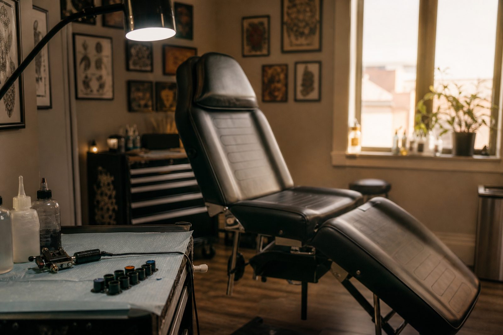 Empty tattoo station with the chair unoccupied and the lamp on
