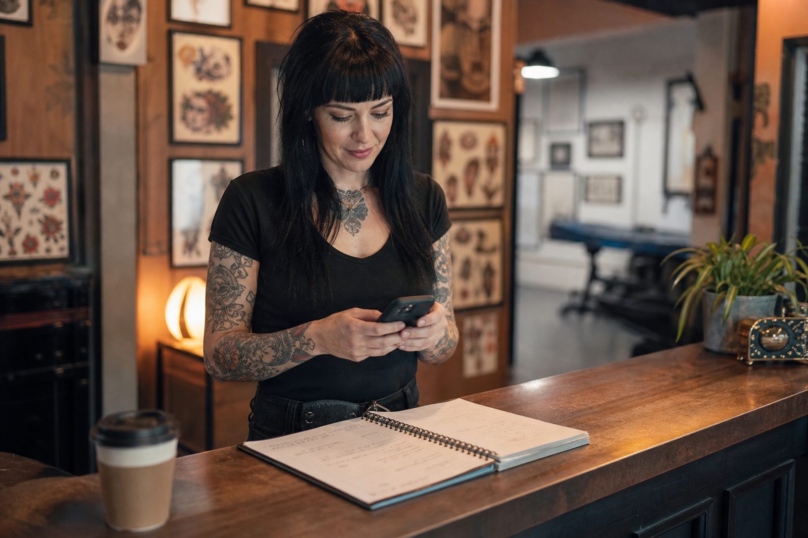 Tattoo shop front desk manager sending appointment reminders from a phone