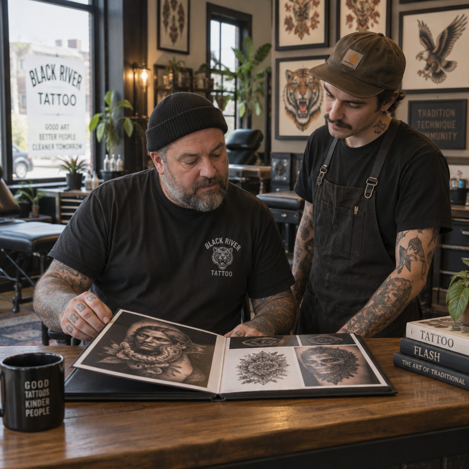 Tattoo shop owner reviewing an artist portfolio with the artist