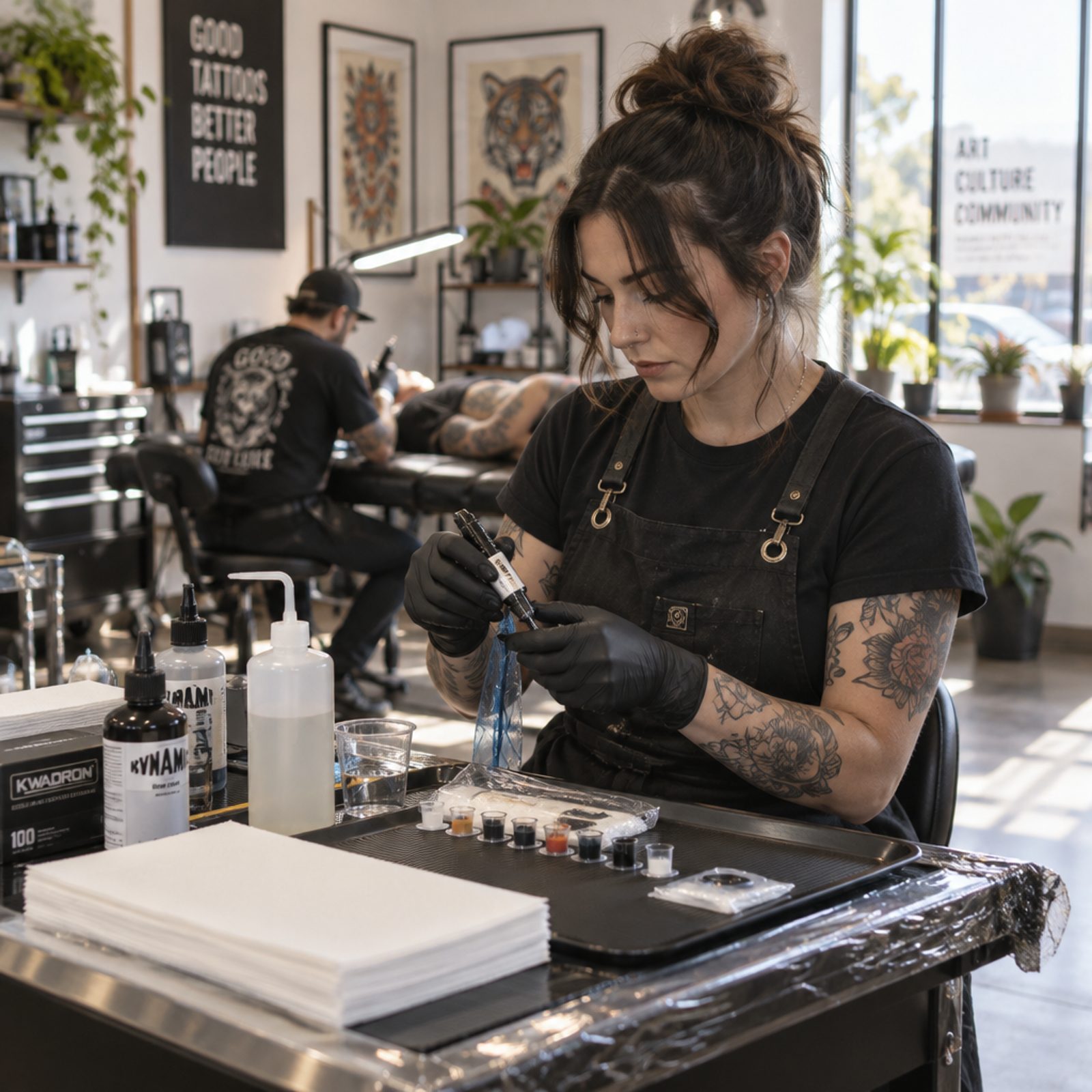Tattoo artist setting up a station during a trial shift in a busy studio