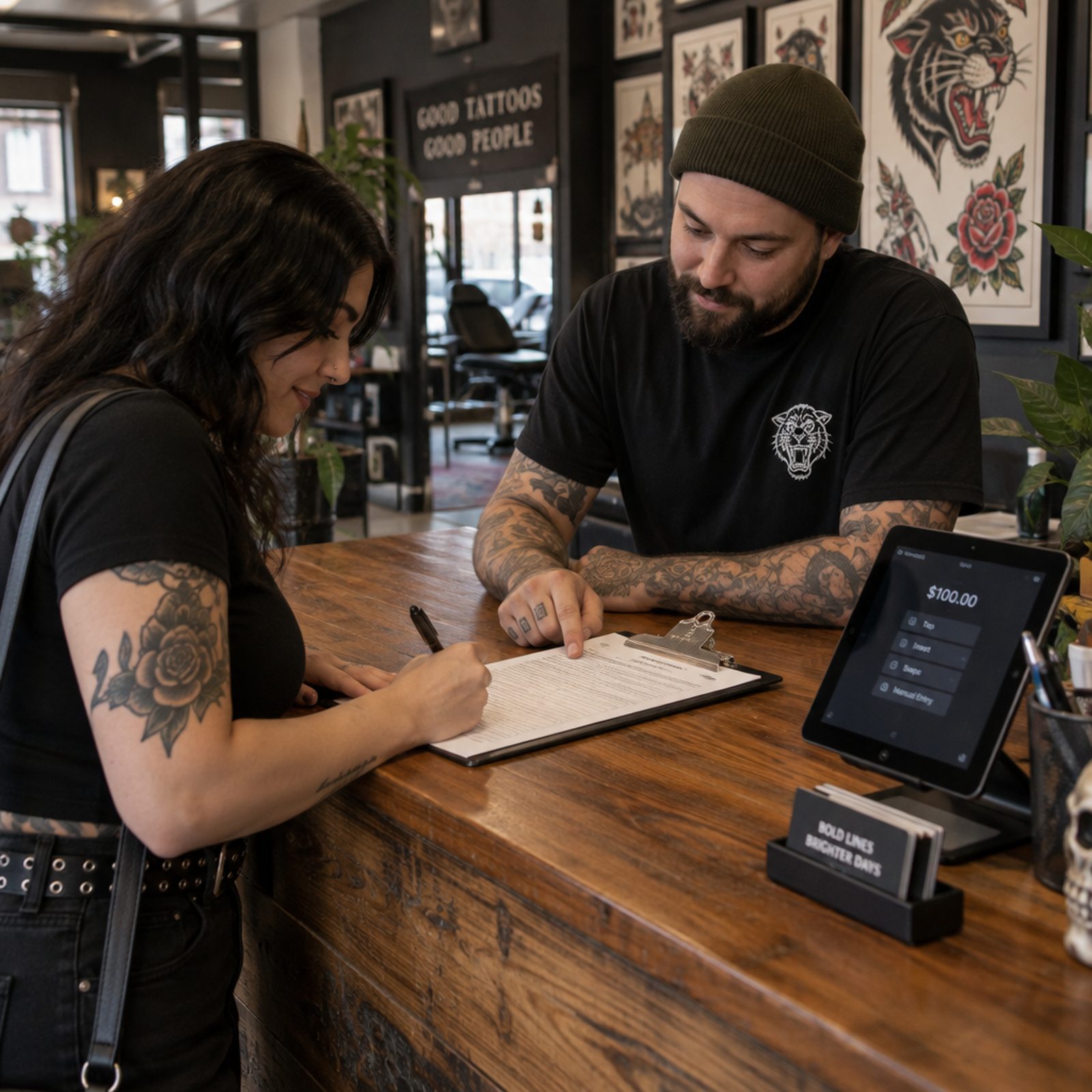 New artist signing onboarding paperwork at a tattoo shop front desk next to a payment terminal