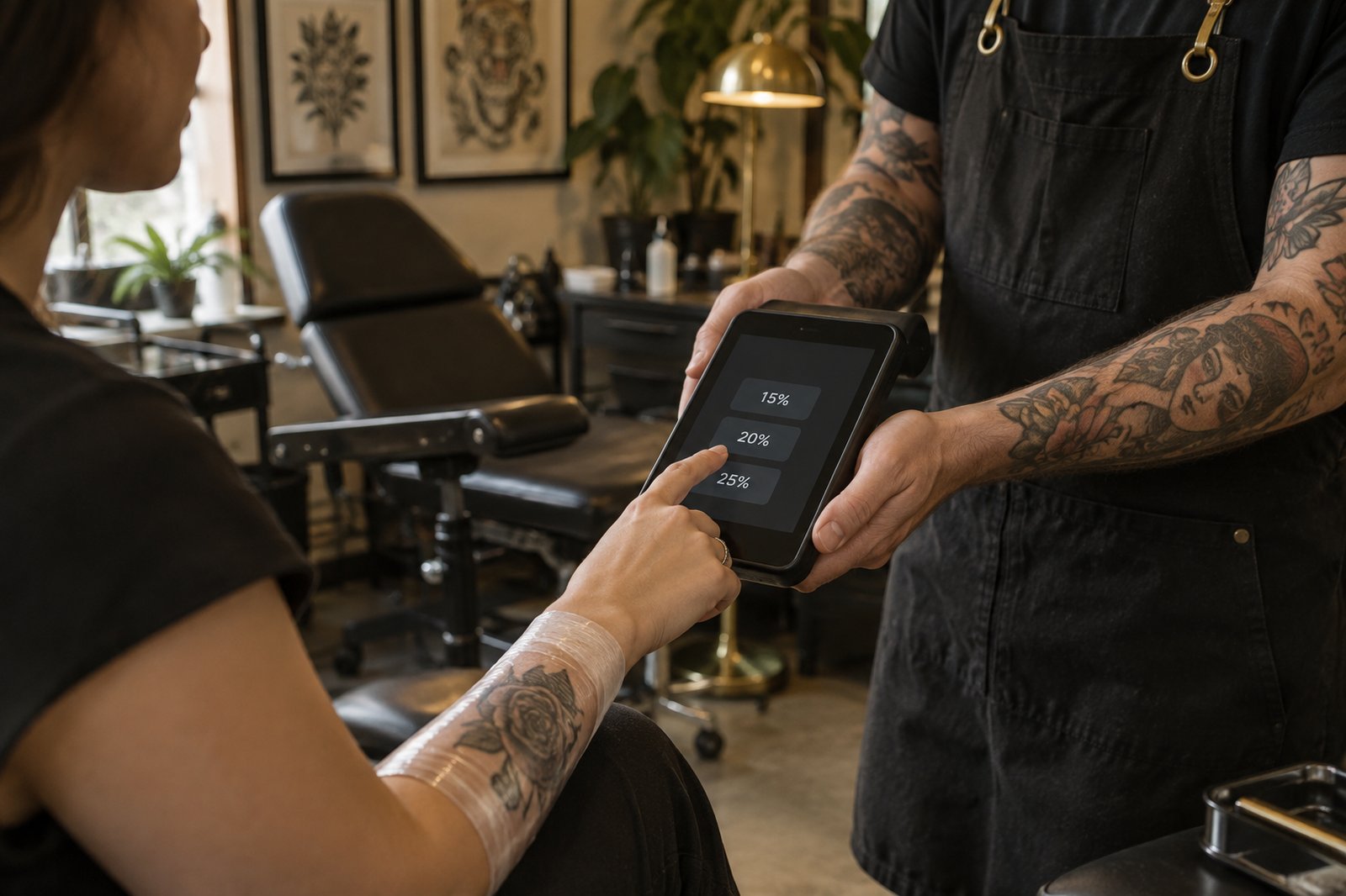 Client choosing a tip on a handheld card terminal after a tattoo session