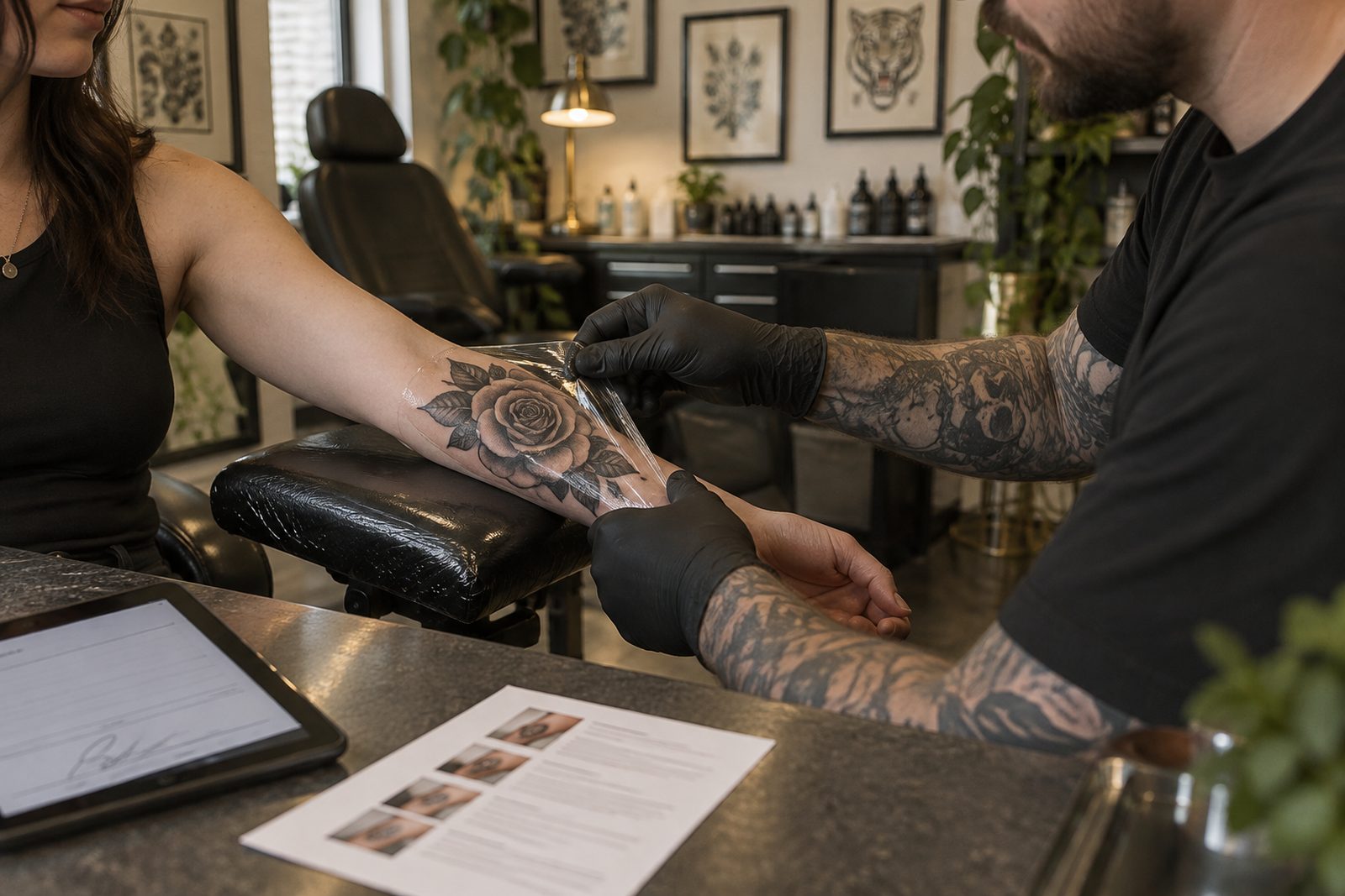 Tattoo artist in black gloves applying a protective film to a client's fresh rose tattoo