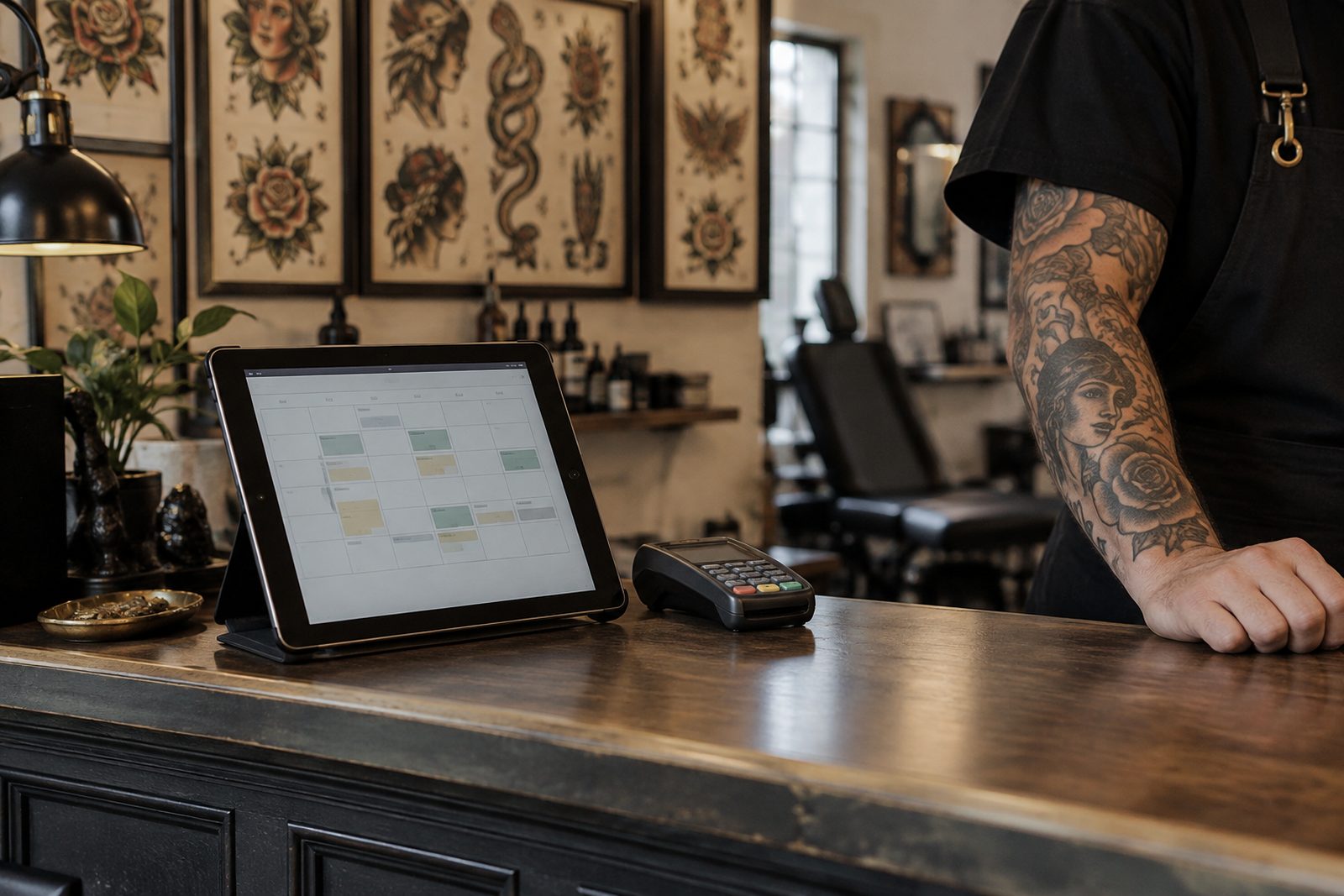 Tattoo shop front counter with a booking calendar on a tablet and a card terminal