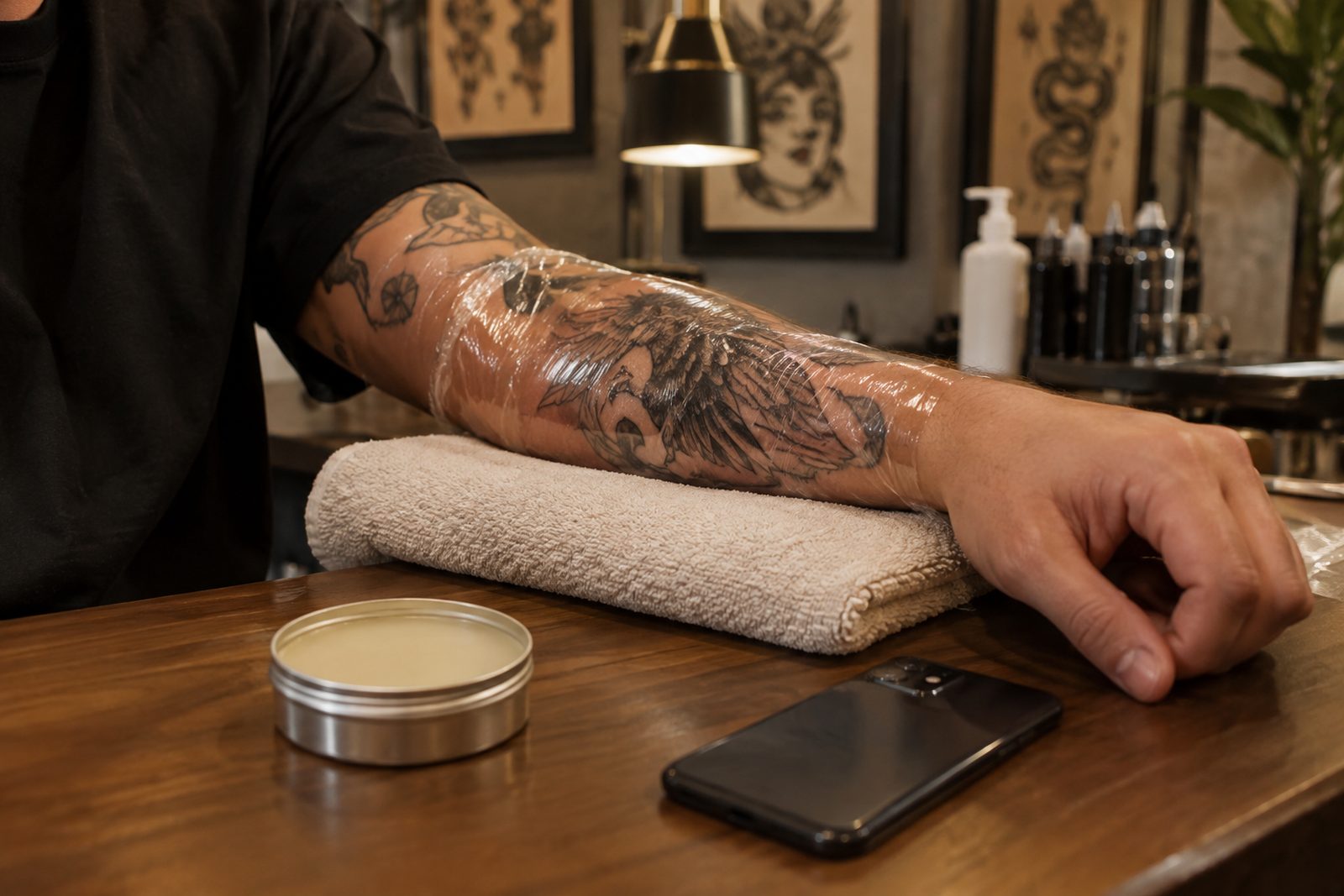 Freshly tattooed forearm wrapped in clear film beside an aftercare balm tin
