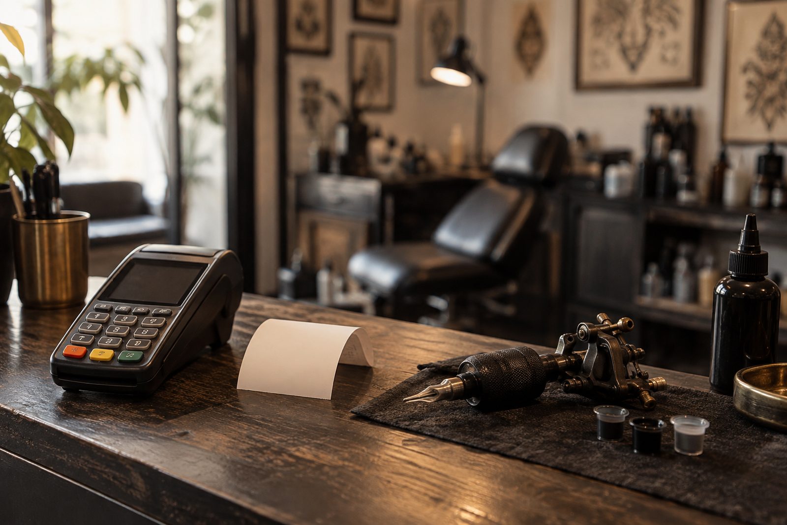 Tattoo shop front counter with a card terminal, a blank receipt and a tattoo machine