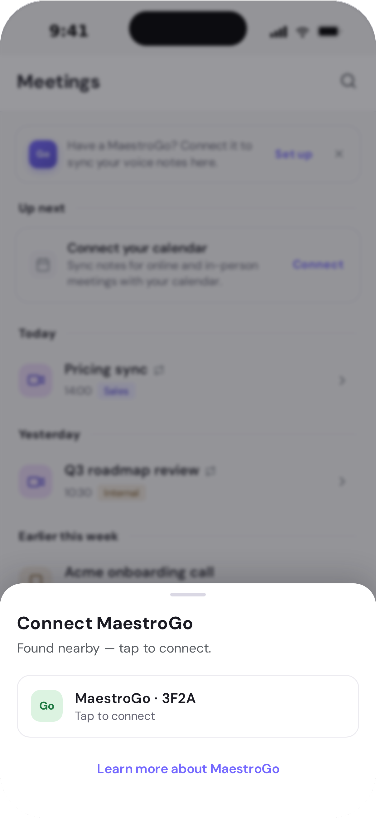 TeamsMaestro app — connecting MaestroGo over Bluetooth