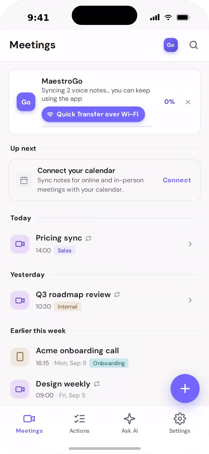 TeamsMaestro app syncing voice notes from MaestroGo into transcripts and recaps