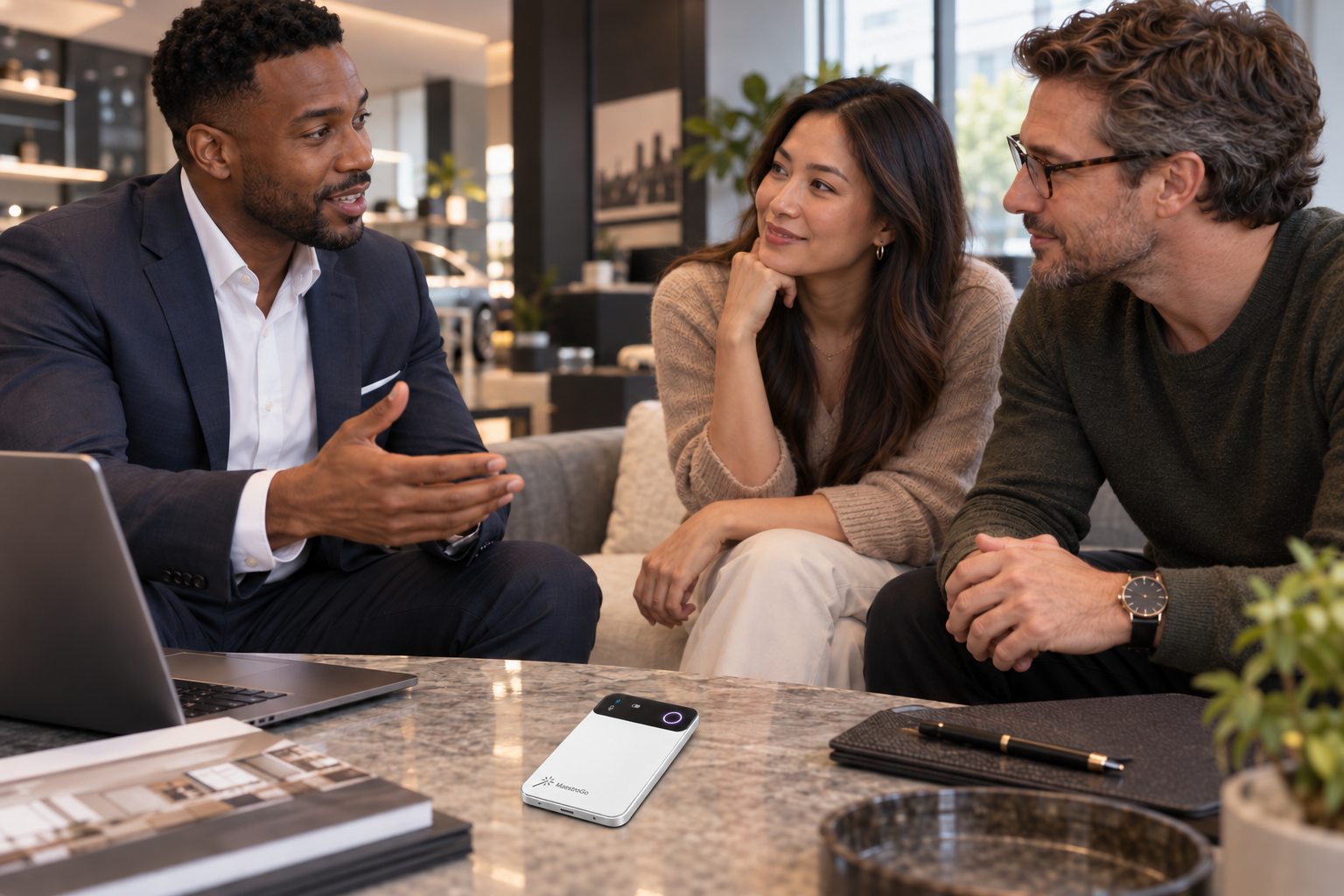 Sales rep in a client meeting with MaestroGo on the table