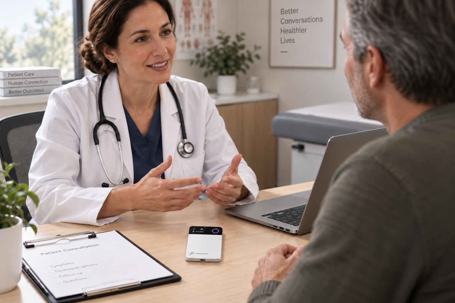 Doctor with MaestroGo on the desk during a patient consultation