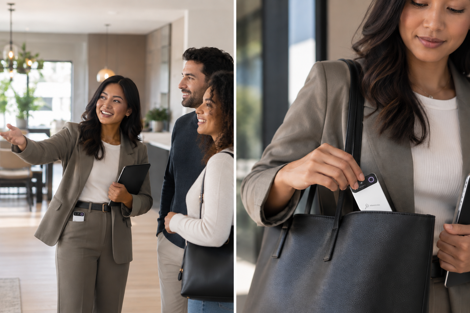 Real estate agent showing a property, MaestroGo clipped to their bag