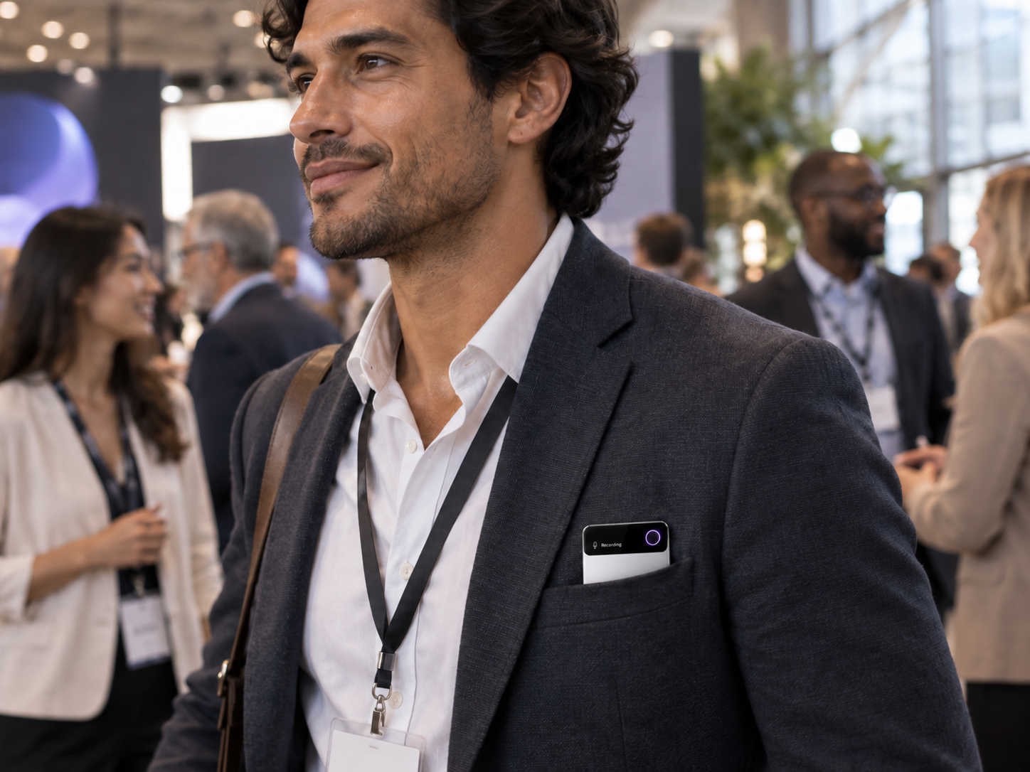 Attendee at a conference with MaestroGo recording from their jacket pocket