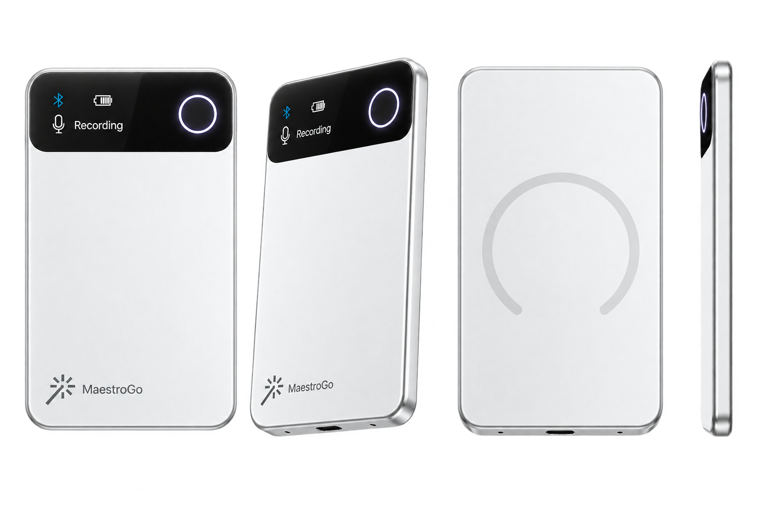 MaestroGo front, three-quarter, magnetic back and edge views