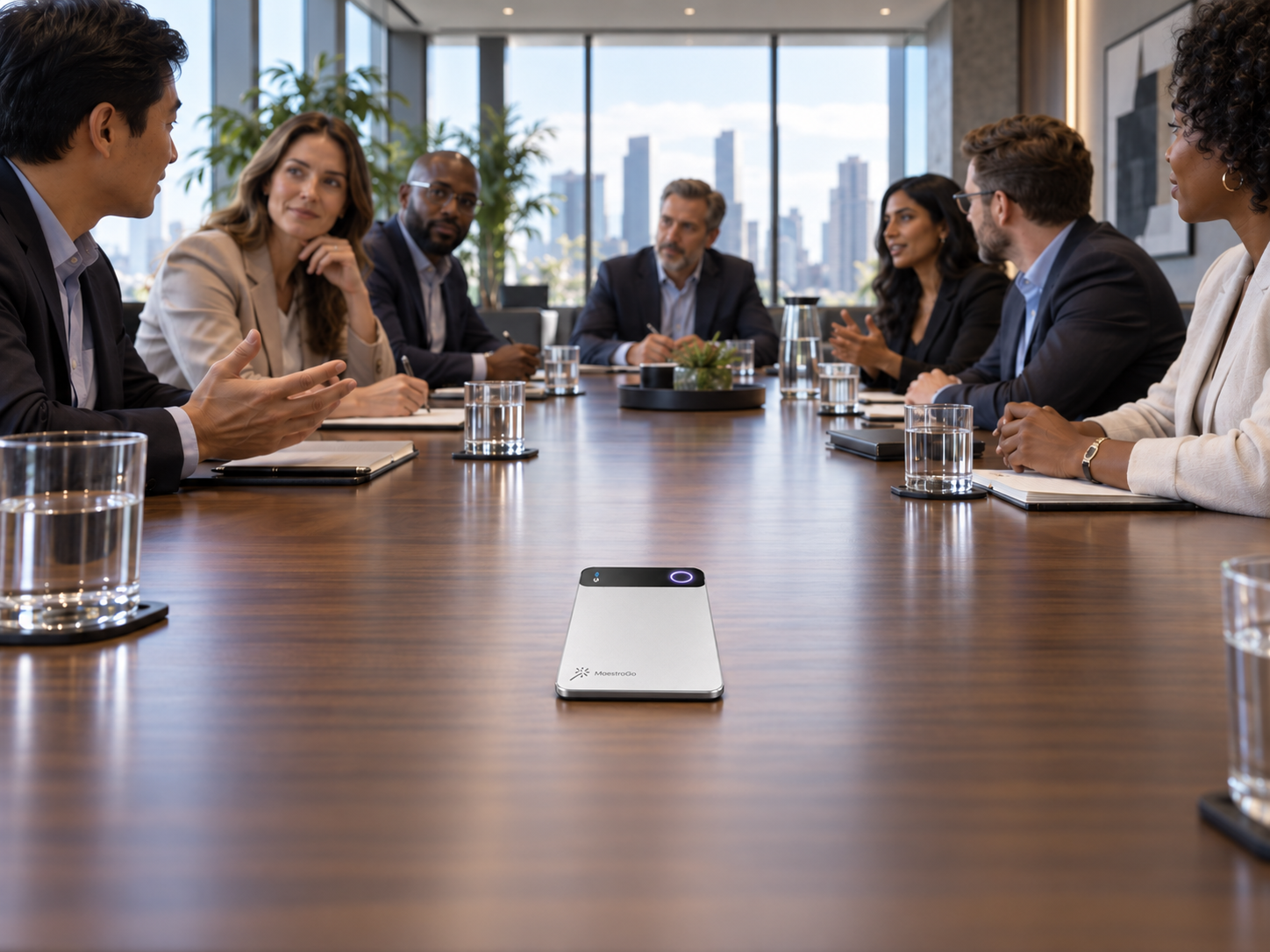 MaestroGo set in the center of a long boardroom table during a meeting