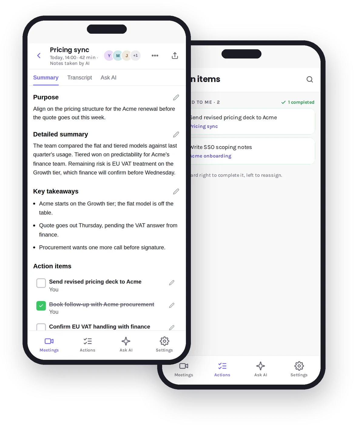 TeamsMaestro mobile app showing a meeting summary and action items