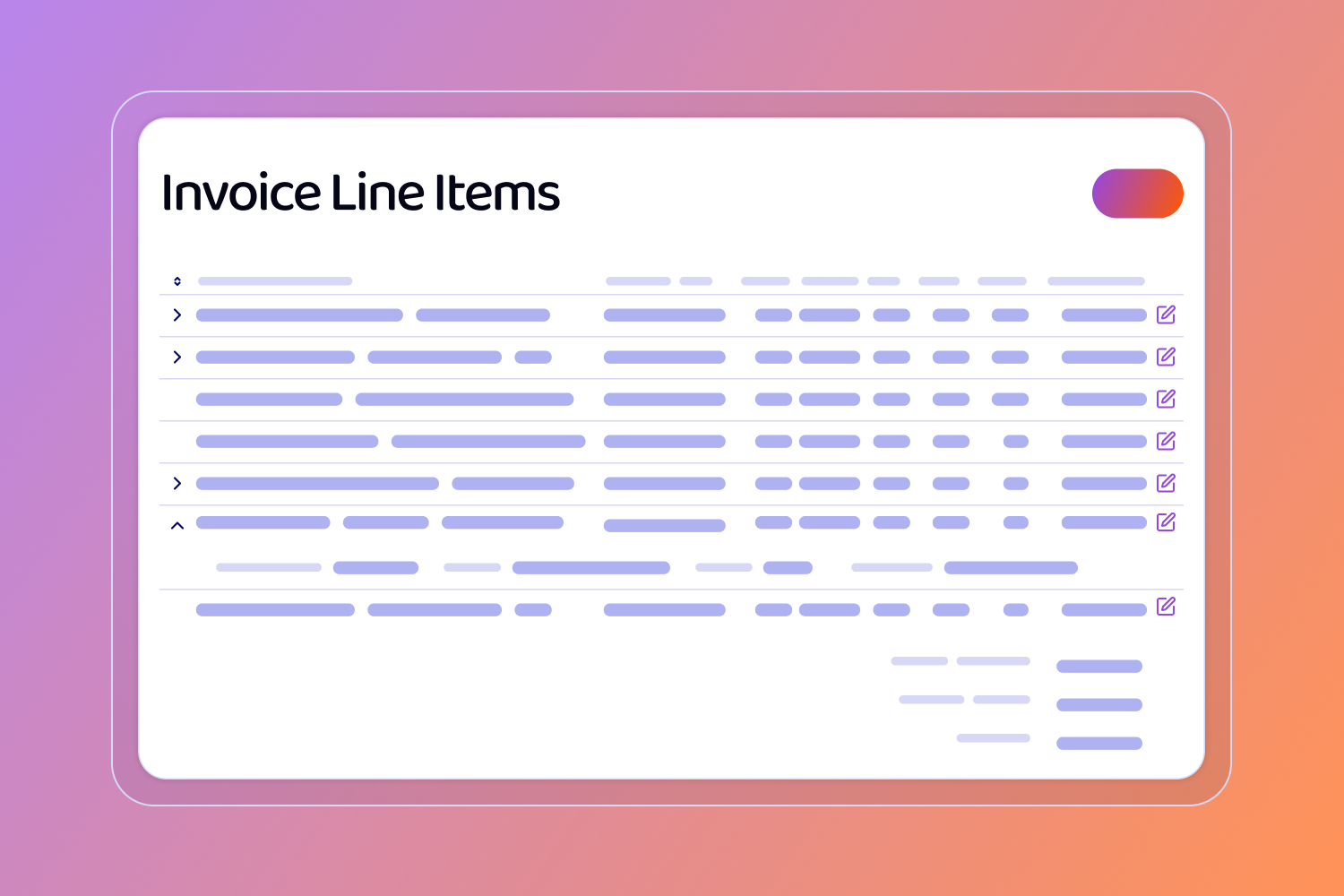 Wireframe of a screen containing Invoice line items in a table and edit icons