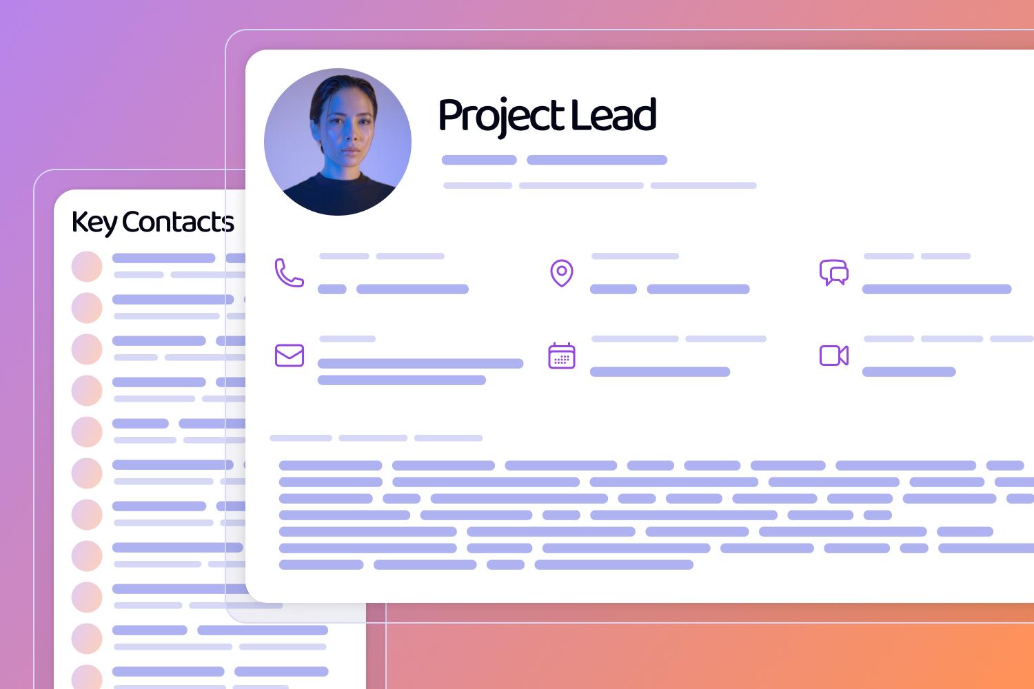 Wireframes of screens including a Project Lead overview with a Phone, Map, Chat Bubble, Mail, Calendar and Video Icon, and a pop up with a list of Key Contacts.