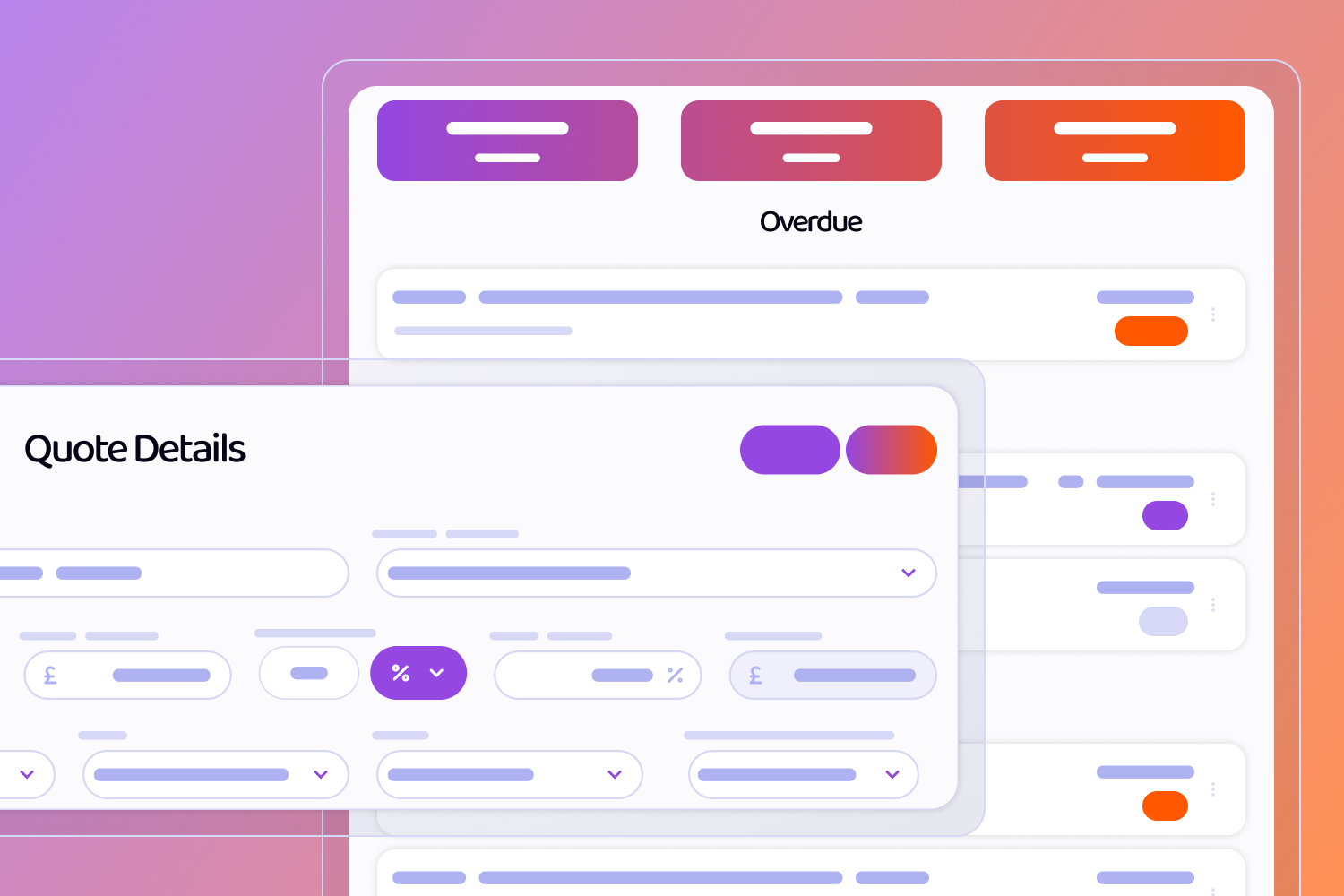 Wireframes of screens, including a Quotes overview list with an Overdue label, and a pop-up Quote Details form