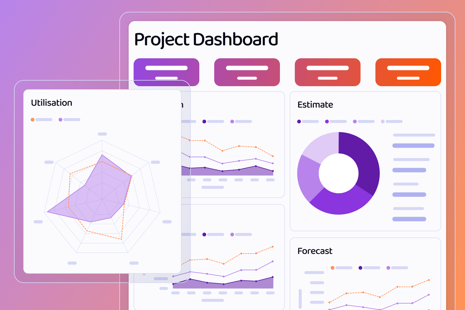 Wireframes of screens including a Project Dashboard with Multiple Line Charts, one is labeled as “Forcast”, a Donut Chart labelled as “Estimate” and a pop up with a Radar Chart labelled as “Utilisation”