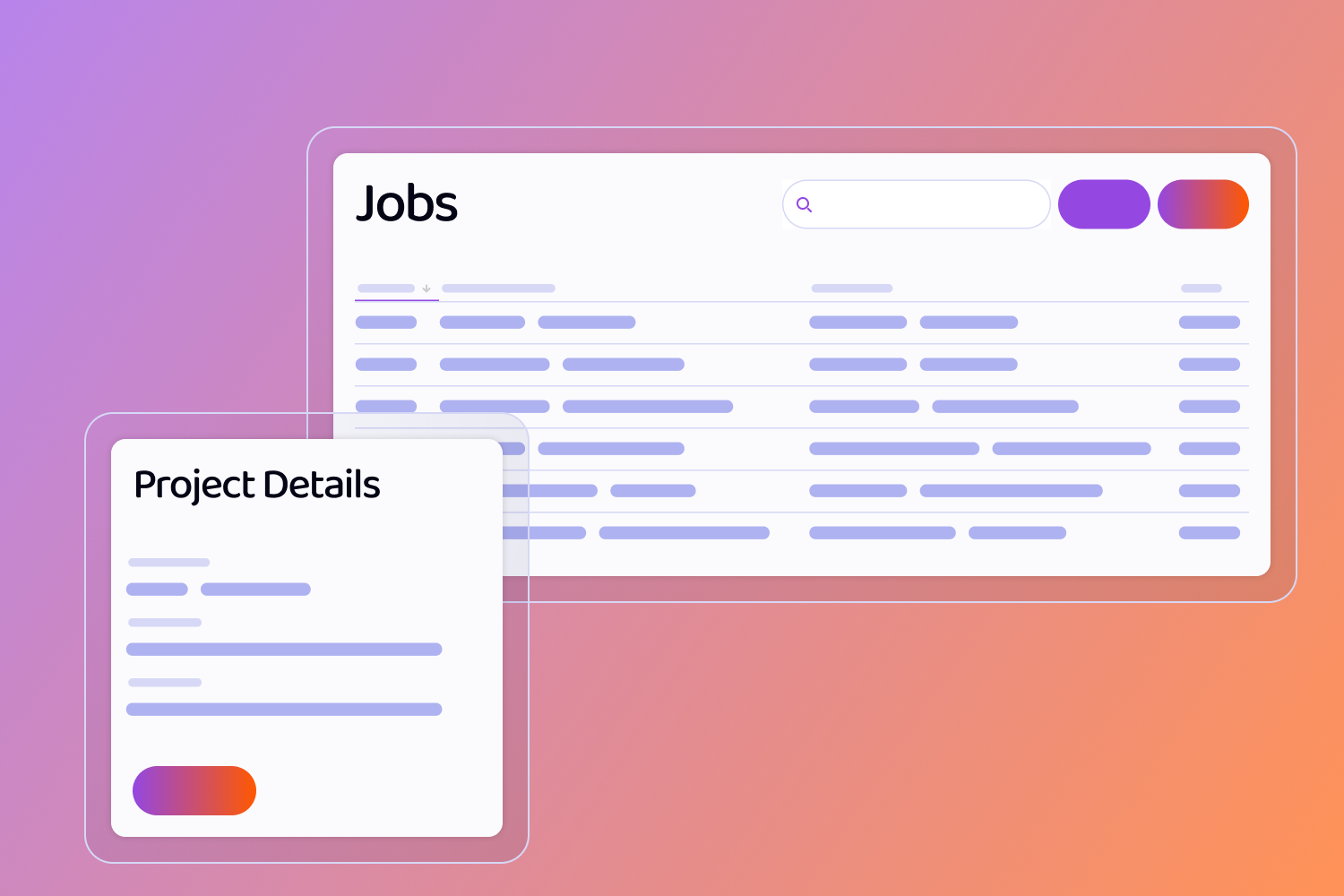 Wireframes of screens including a Jobs Table with a search field and a pop up of Project Details