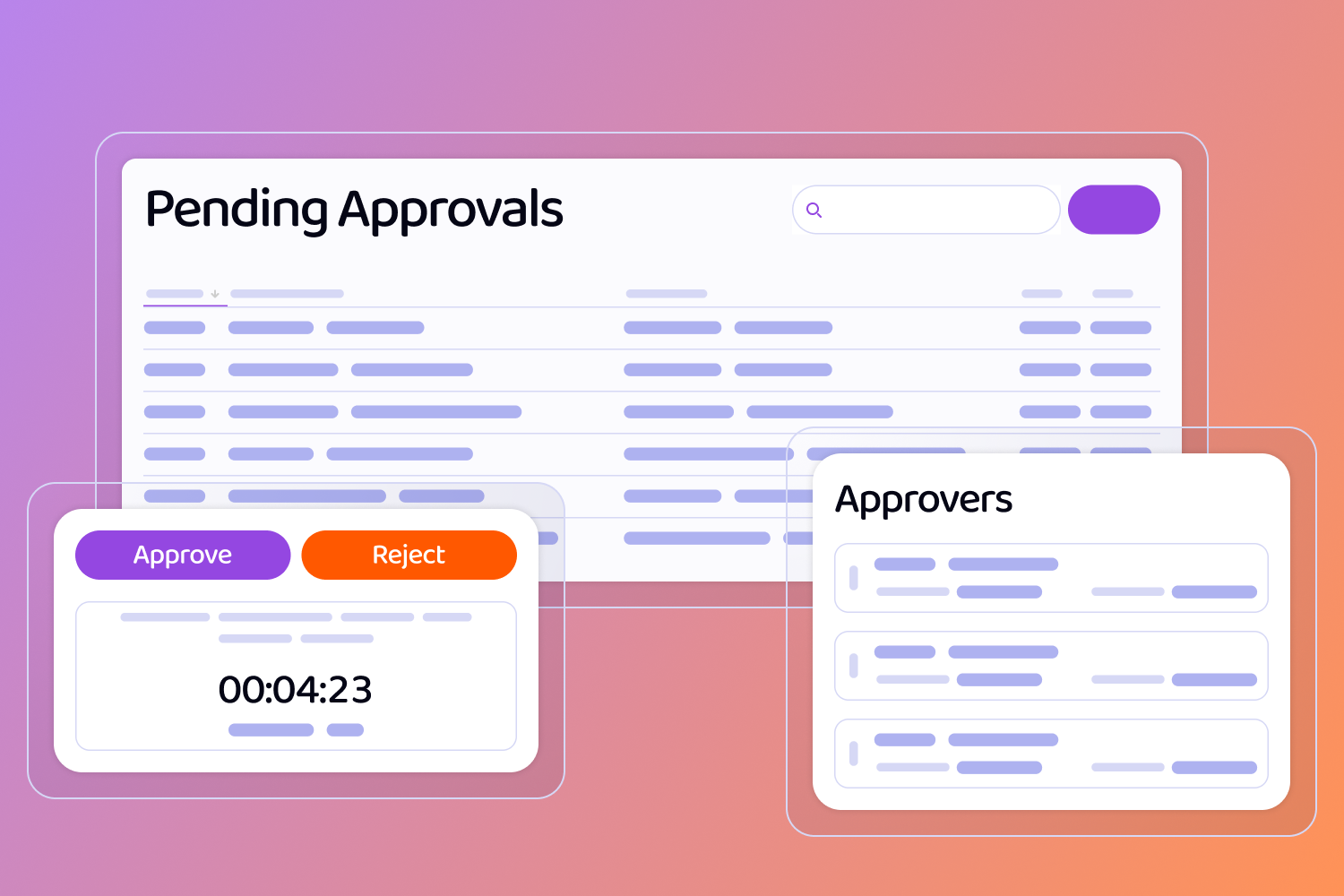 Wireframes of screens, including a Pending Approvals table, a popup with approve and reject buttons and a countdown, and another popup with a list of Approvers.