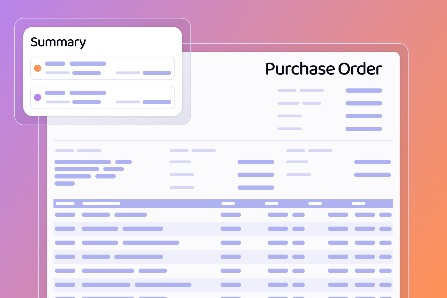 Wireframes of Screens including a Purchase Order Document and a Summary Pop-up