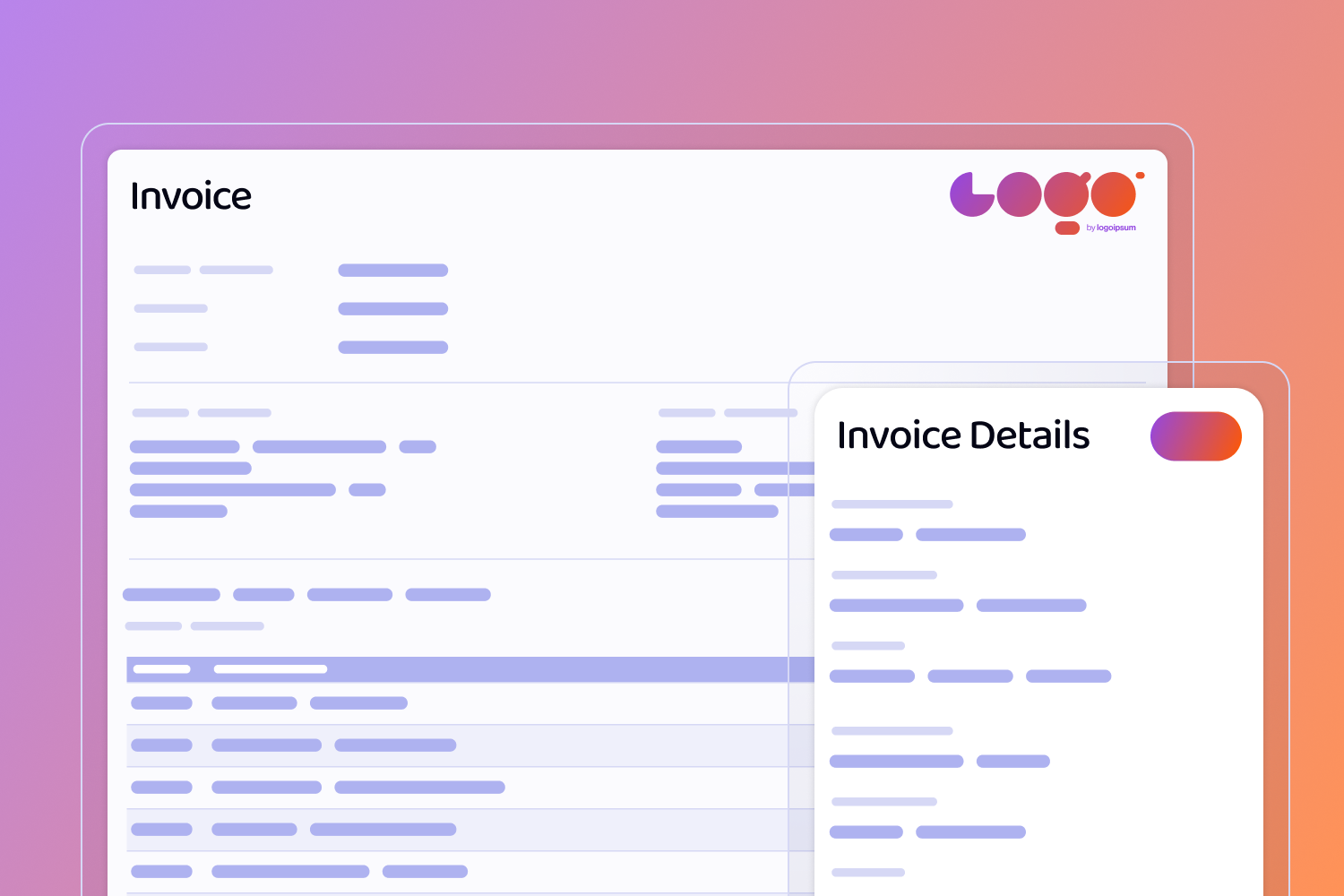 Wireframes of Screens including an Invoice Document with a company logo in the top left, as well as an invoice details pop-up.