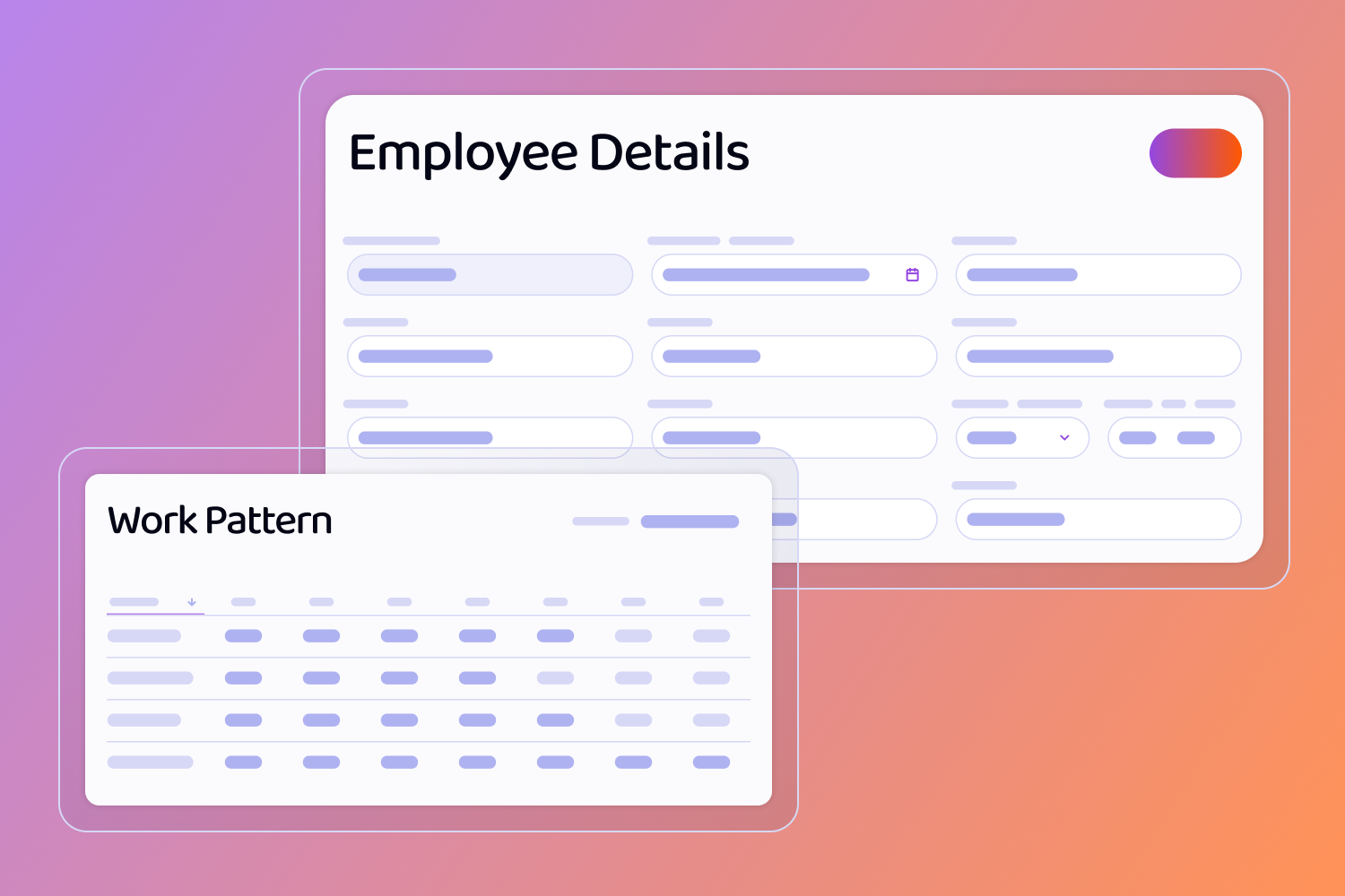 wireframes of screens including, Employee Details and a Work Pattern Table