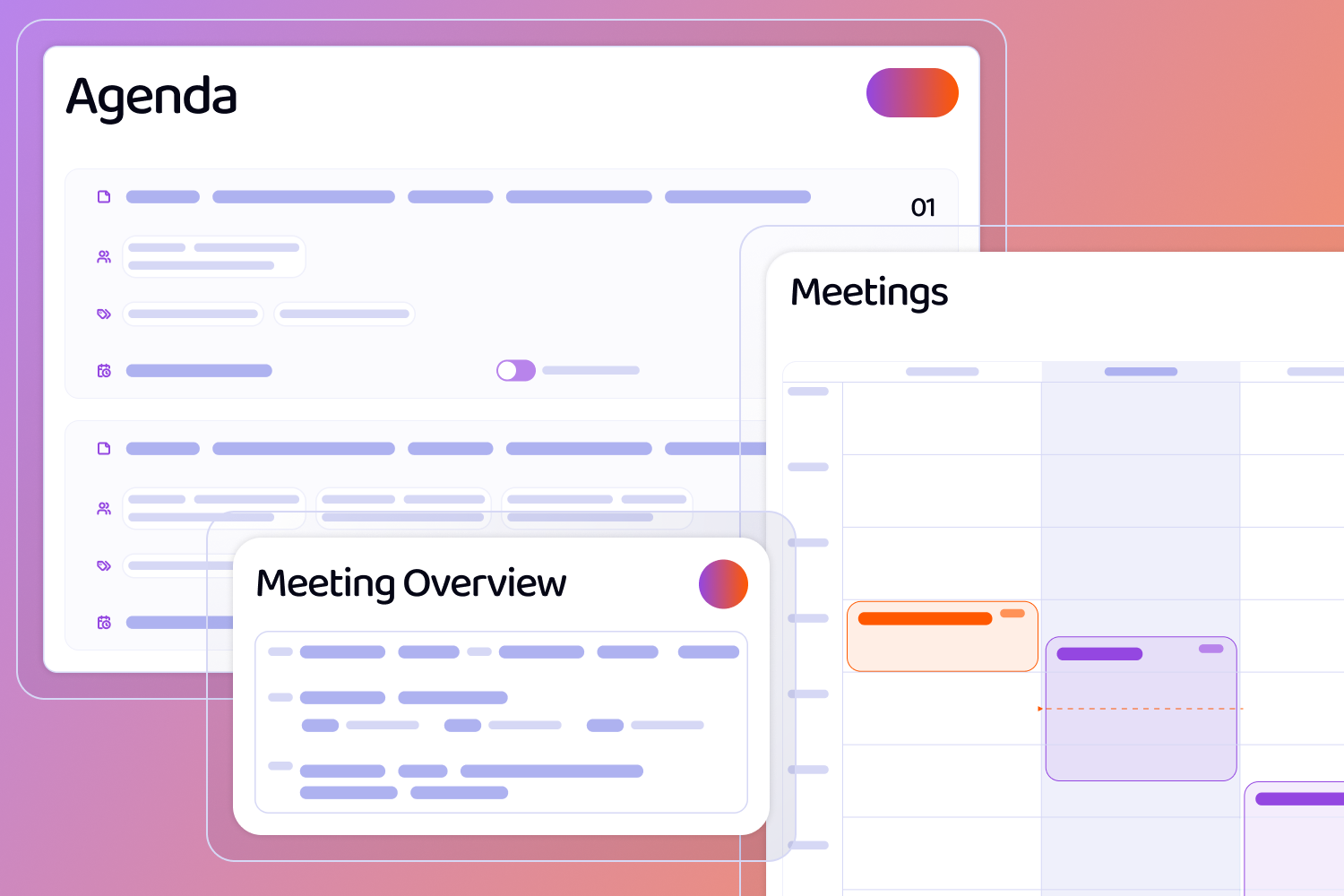 Wireframes of Screens that include Agenda, Meetings in a calendar format and a meeting overview popup.