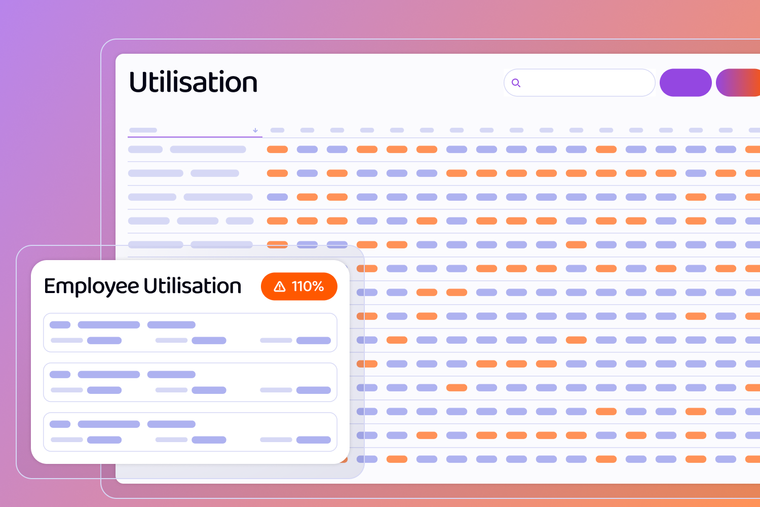 Wireframes of screens including a Utilisation chart and an employee Utalisation popup with a warning icon and the text 110%