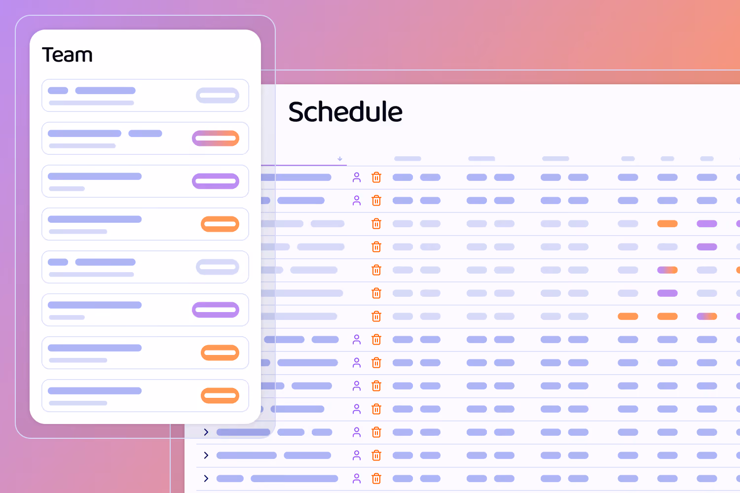 Wireframes of screens, including a Team panel and a schedule chart with a user and delete icon