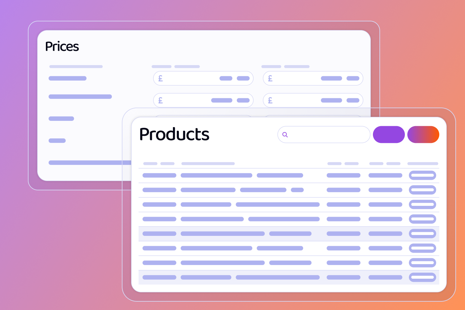 Wireframes of Screens including a Products Table and a Prices Form.