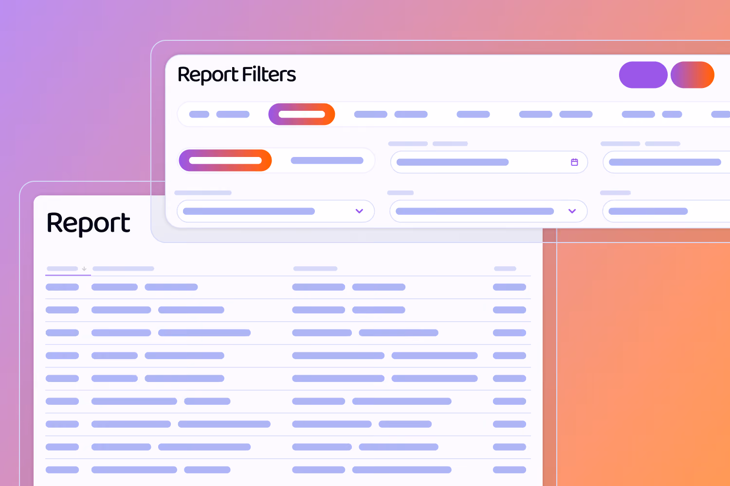 Wireframes of screens including a Report Table and a Report Filters Form Pop-up