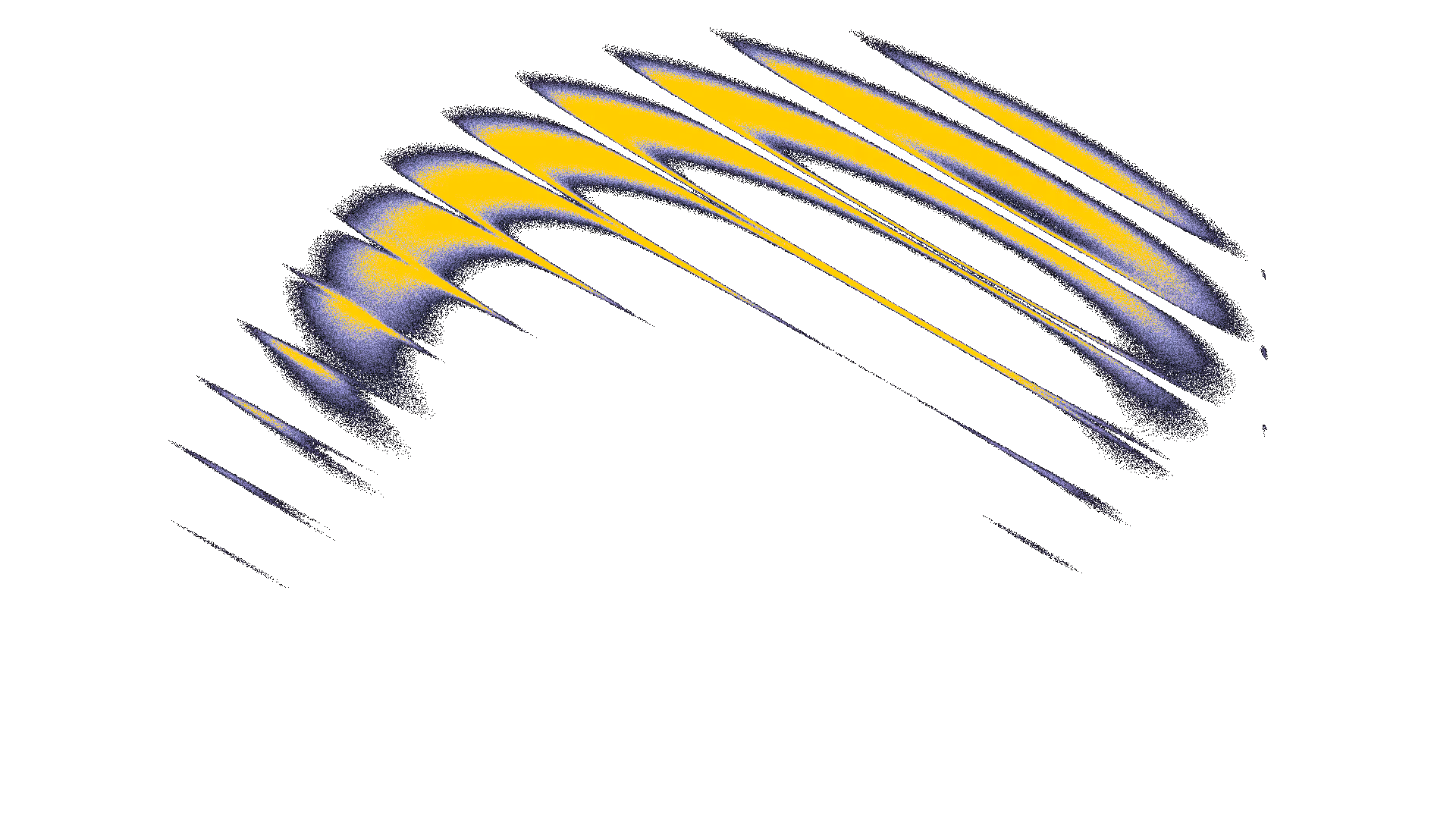 Abstract circular shape with layered yellow and purple diagonal streaks against a black background.