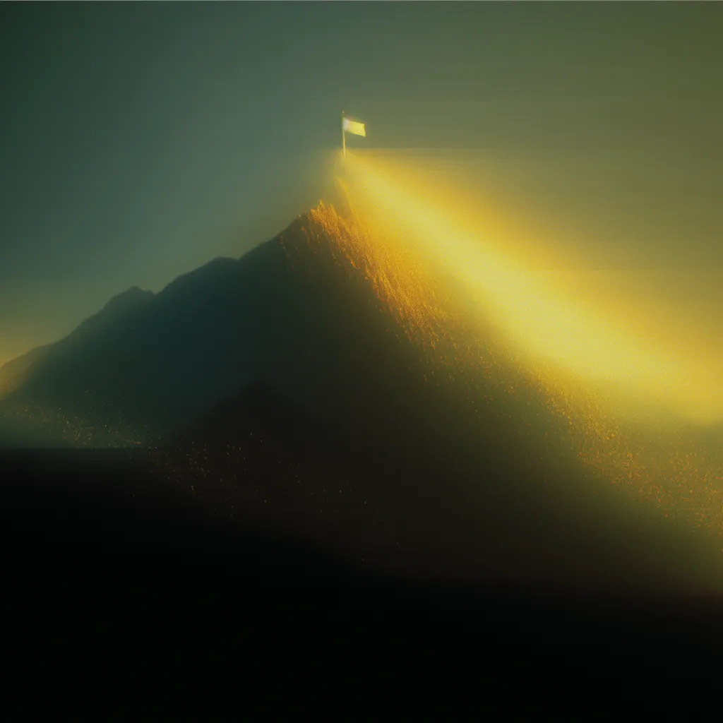 Mountain peak illuminated by a bright golden light beam shining from a white flag at the summit.
