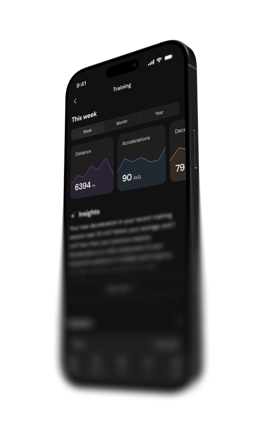 Smartphone showing a fitness training app with weekly distance of 6394 meters, average acceleration of 90, and a third stat of 79 displayed in colored cards.