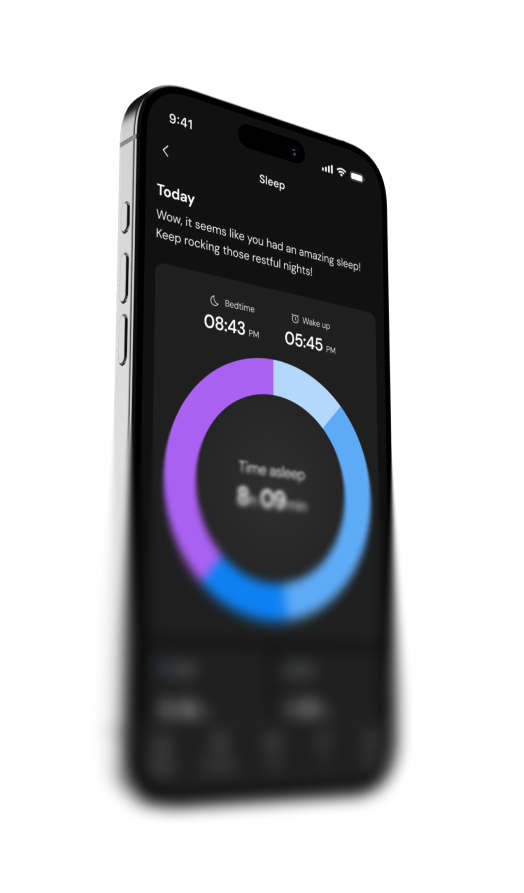 Smartphone screen showing a sleep tracking app with bedtime at 8:43 PM, wake-up at 5:45 PM, and a circular graph displaying 8 hours and 9 minutes of sleep.