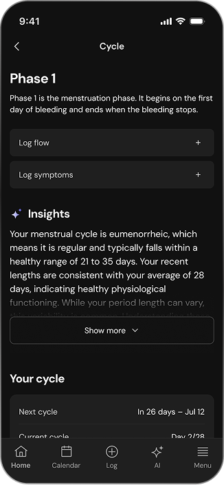 Mobile app screen showing Phase 1 of menstrual cycle with options to log flow and symptoms, insights about cycle regularity, and cycle timing details.