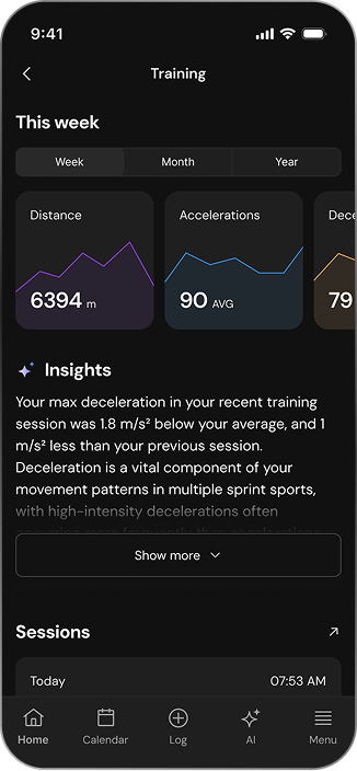 Smartphone screen showing a training app with weekly data for distance of 6394 meters, 90 average accelerations, and insights on max deceleration during recent training.