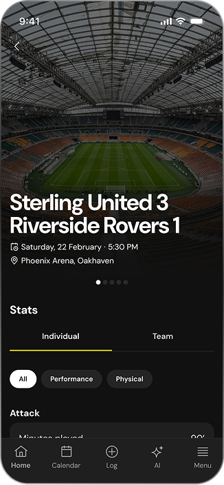 Mobile app screen showing football match result: Sterling United 3, Riverside Rovers 1 at Phoenix Arena, Oakhaven on Saturday, 22 February at 5:30 PM with stats tabs for individual and team performance.