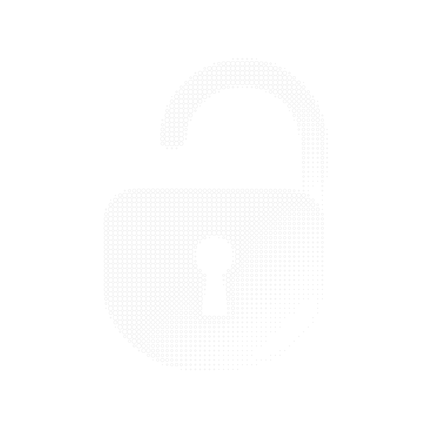 Stylized open padlock icon composed of white halftone dots on a black background.