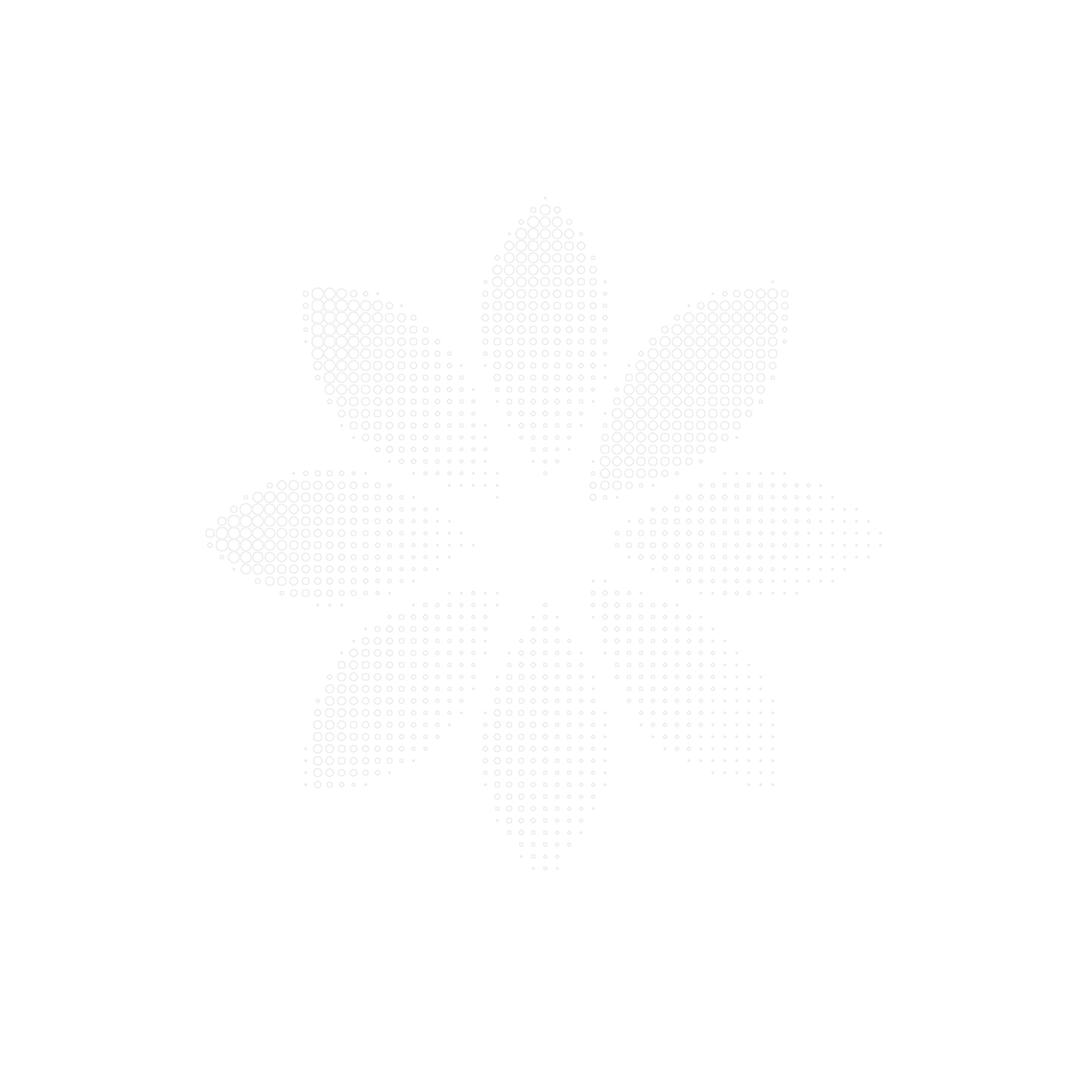 Abstract flower shape formed by white halftone dots arranged in eight petal-like segments on black background.
