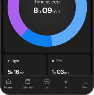 Sleep tracking app showing 8 hours 9 minutes total sleep with 5 hours 16 minutes light sleep and 1 hour 3 minutes REM sleep in a circular chart.