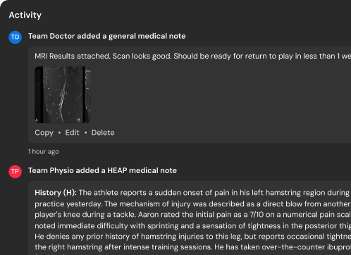 Screenshot of a medical activity log showing notes from Team Doctor and Team Physio with a small MRI scan image attached.