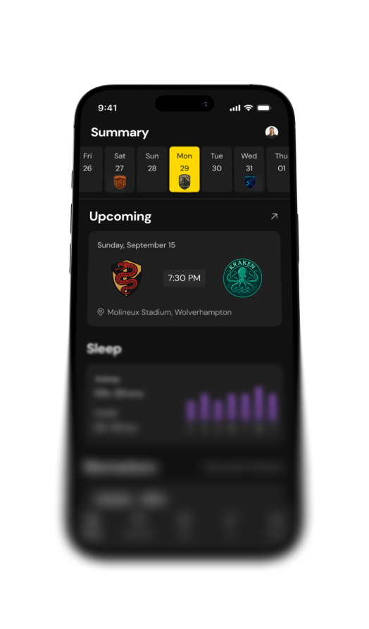 Mobile app screen showing a summary with a calendar bar highlighting Monday the 29th, upcoming soccer match on Sunday, September 15 at 7:30 PM between teams featuring a red snake logo and a teal Kraken logo at Molineux Stadium, Wolverhampton.