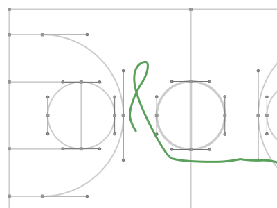 Technical drawing showing vector paths and anchor points of a basketball court graphic with a green curved line crossing the center circle area.