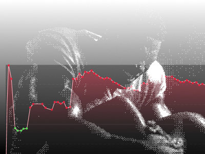 Stylized black and white image of a person working with overlaid red and green line graph showing data points.